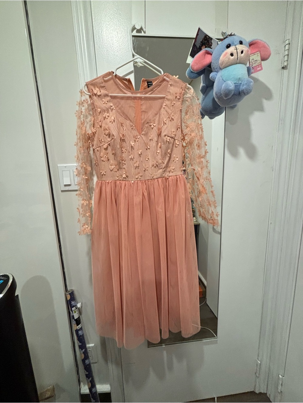 Girls Peach Floral Appliqué Tulle Dress by